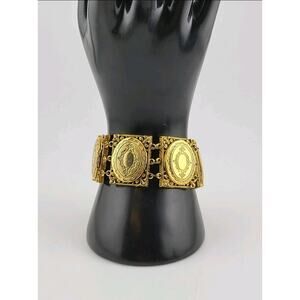 Vintage ART Signed Gold Tone Photo Locket Panel Bracelet Victorian Revival